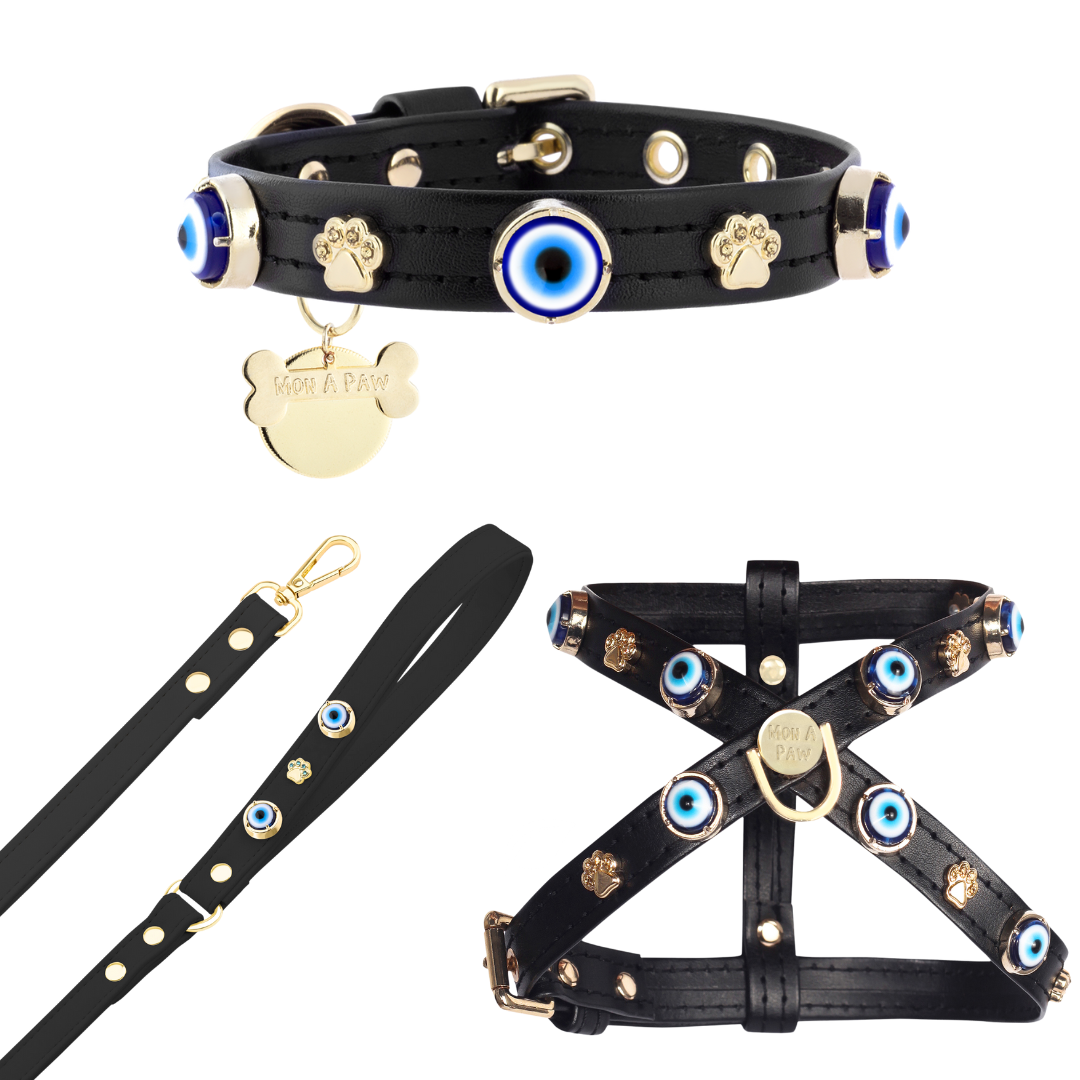 MAUVAIS Nazar Boncuklu Köpek Göğüs Tasması 🧿 | Siyah