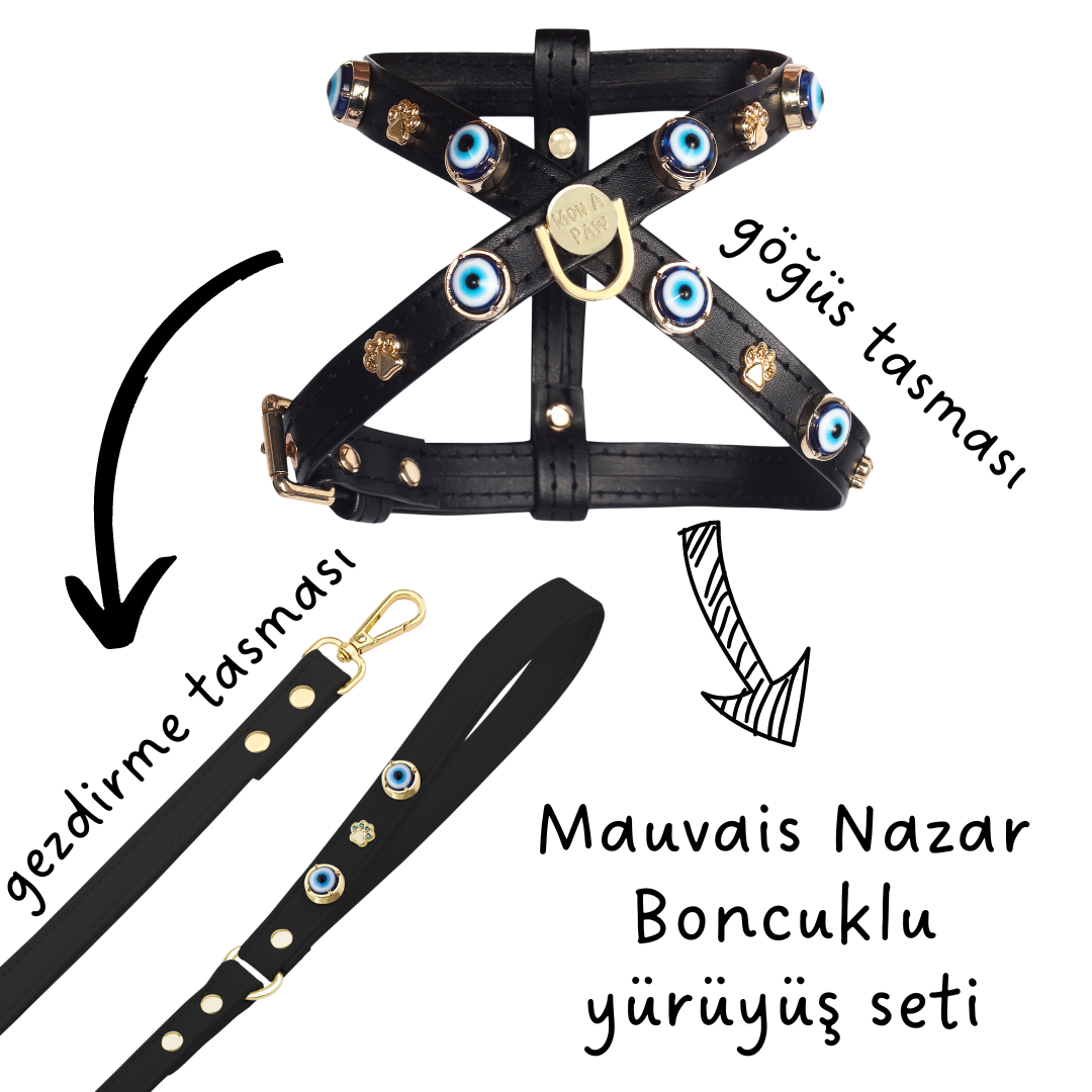 MAUVAIS Nazar Boncuklu Siyah Köpek Gezdirme Kayışı 🧿