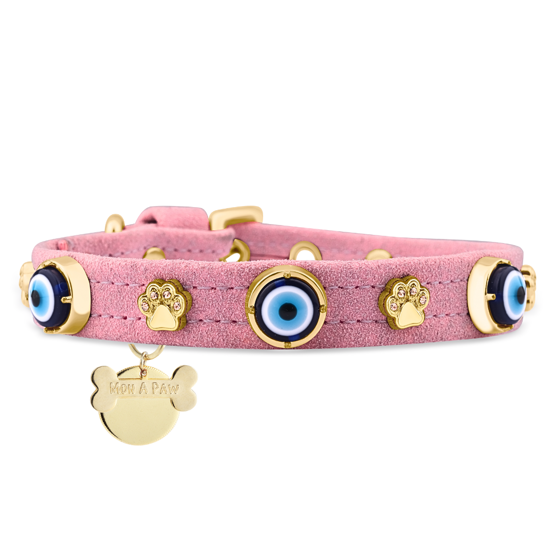 MAUVAIS Nazar Boncuklu Süet Köpek Tasması | Pembe 🧿