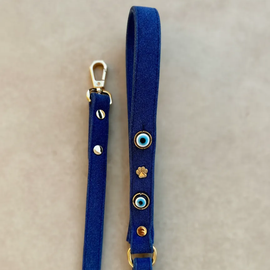 Süet Nazar Boncuklu Köpek Gezdirme Tasması | Royal Blue 🧿