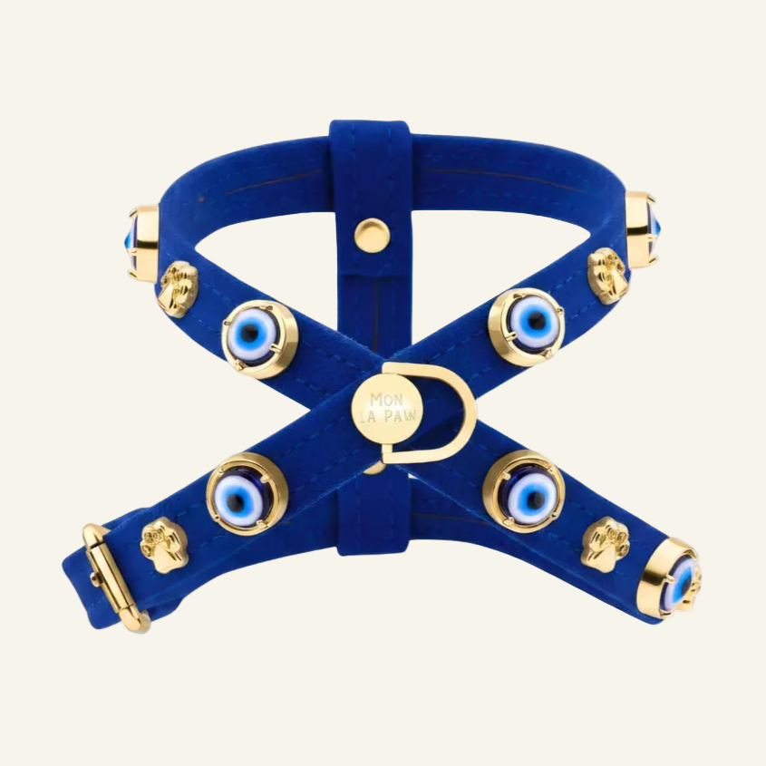 Süet Nazar Boncuklu Köpek Göğüs Tasması | Royal Blue  🧿