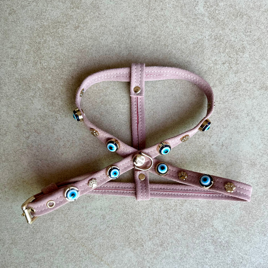MAUVAIS Nazar Boncuklu Süet Köpek Göğüs Tasması | Toz Pembe  🧿