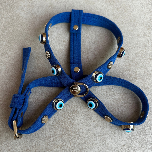 MAUVAIS Nazar Boncuklu Süet Köpek Göğüs Tasması | Royal Blue  🧿