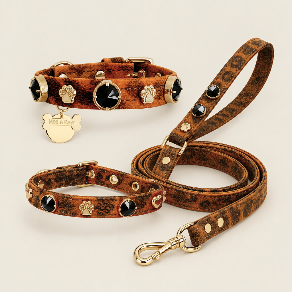 Leopard Swarovski Boyun Tasma Yürüyüş Seti