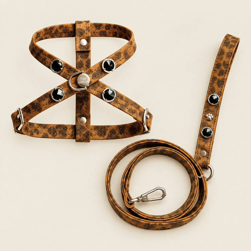 Leopard Swarovski Göğüs Tasma Yürüyüş Seti